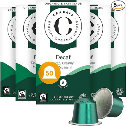 Cru Kafe Decaf USDA Organic Espresso Coffee Capsules (50 Pods) Fairtrade Coffee Pods Compatible with Nespresso Original Line and Pixie Machines