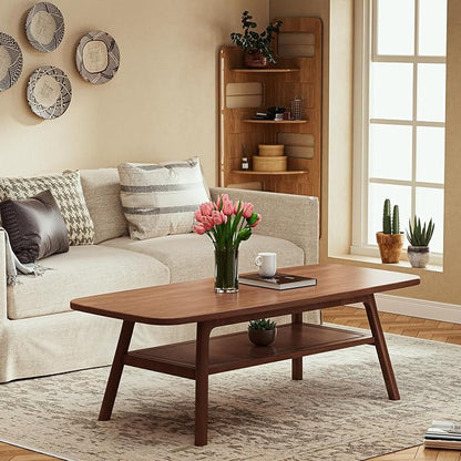 Wood Coffee Table - 100% Solid Oak Wood - Double Storage Coffee Table, Eco-Friendly Finish Center Table - Easy Assembly (Walnut, 47.24" D x 22.04" W x 17.32" H)