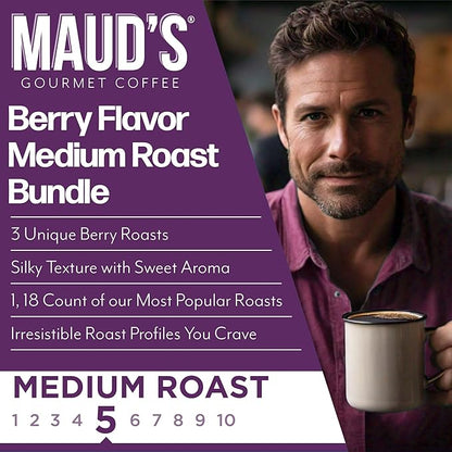 Maud's Blueberry, Cherry & Raspberry Chocolate Flavored Pods Bundle, 54 ct, Medium Roast Flavored Coffee in Recyclable Single Serve Pods – 100% Arabica Coffee, Compatible with Keurig K Cups Maker