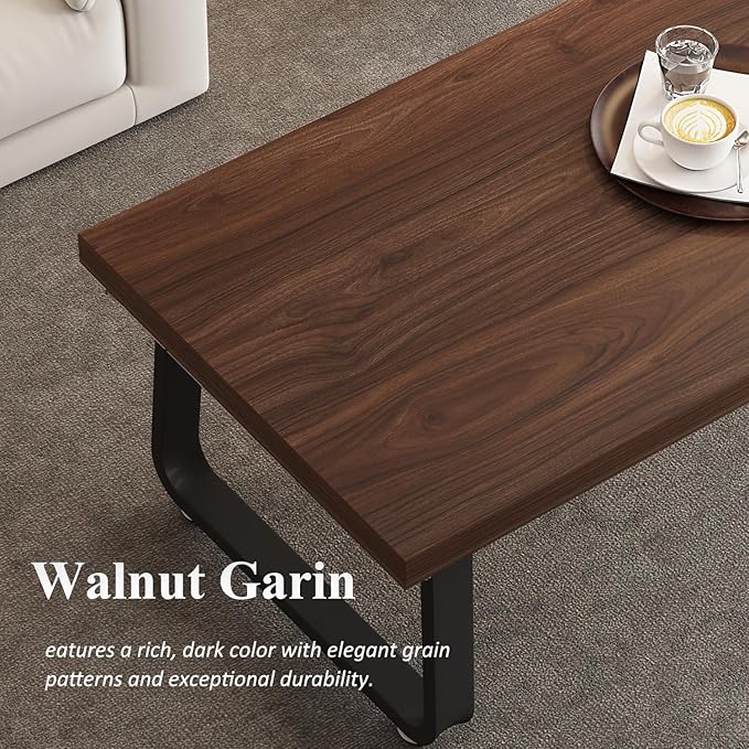 HSH Rustic Walnut Coffee Table, Modern Center Table, Rectangle Industrial Living Room Coffee Table, Simple Farmhouse Wood and Metal Tea Table for Home Bedroom Office, Walnut, 47 in