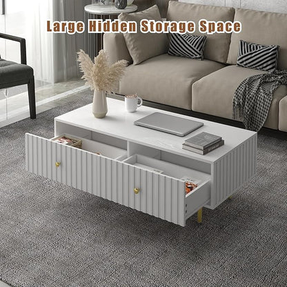Modern Coffee Table with Storage with 2 Big Drawers, White Rectangle Coffee Table for Living Room, Wooden Fluted Table Accent Tea Table for Living Room Apartment Small Space