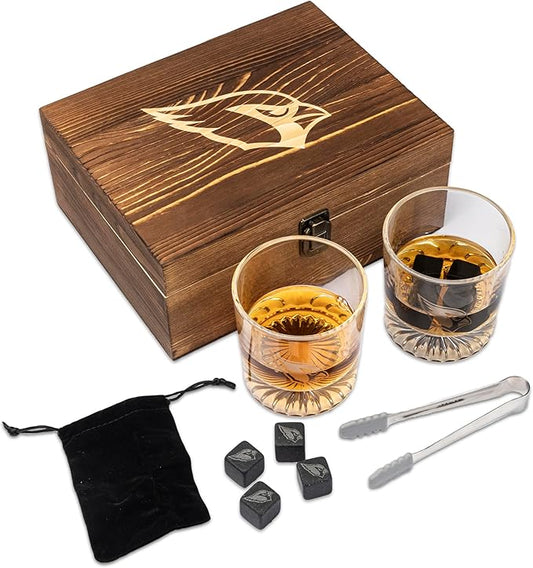 The Memory Company Officially Licensed NFL Wood Boxed Drinkware Set - 2 Premium Rocks Glasses with Laser-Etched Team Logo & Reusable Cooling Cubes, Whiskey & Cocktail Gift Set for Football Fans