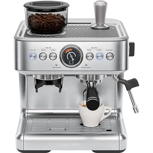 Chefman Crema Supreme 15 Bar Espresso Machine with Milk Frother, Barista Steam Wand, Professional Coffee Maker with Coffee Grinder, 30 Grind Settings, 3L Removable Water Tank - Stainless Steel