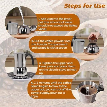 No Coating 9 Cup Thickened 304 Stainless Steel Moka Pot Stovetop Espresso Maker Italian Coffee Machine 450ml 15oz Suitable for Gas Induction Stovetop Greca Coffee Maker Percolator