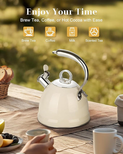 Harriet Tea Kettle Stovetop, 2.5 Quart Whistling Stainless Steel Tea Pot, 3-Layer Base, Unique Ergonomic Handle, Includes Pot Holder & Mat, Electric/Induction/Gas Stovetops Applicable, Beige White