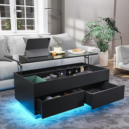 LED Coffee Table with Lift Top Morden Coffee Table with Storage High Gloss Black Sofa Table for Living Room Center Tables Hidden Compartment & 2 Drawers