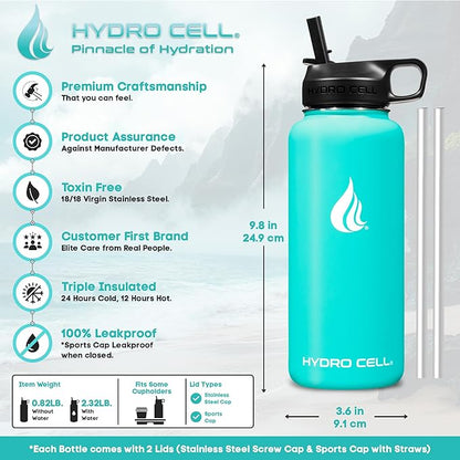 HYDRO CELL Stainless Steel Insulated Water Bottle with Straw - For Cold & Hot Drinks - Metal Vacuum Flask with Screw Cap and Modern Leakproof Sport Thermos for Adults (Teal 32oz)
