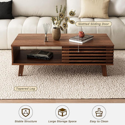 Mid Century Coffee Table with Storage & Sliding Fence Door, Modern Coffee Tables for Living Room, Walnut Finish