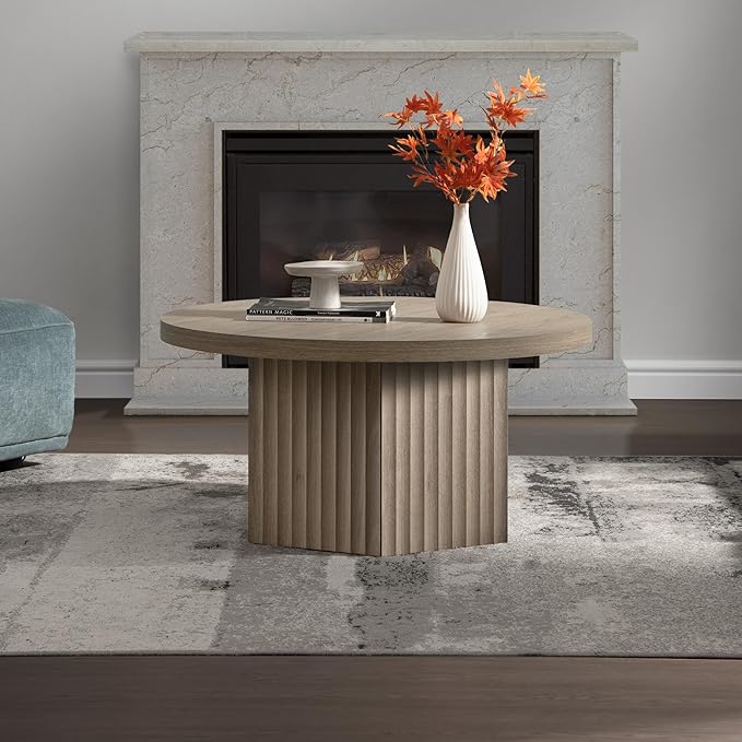 SICOTAS Round Coffee Table for Living Room, Modern Fluted Circle Center Coffee Table with Storage, 32" Accent Tea Dining Table for Apartment, Grey Alder
