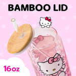 Load image into Gallery viewer, Silver Buffalo Sanrio Hello Kitty Waving Pink Glass Jar Tumbler with Bamboo Lid and Glass Straw, 16 Ounces