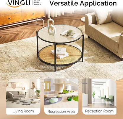 VINGLI 30" Round Coffee Table with Rattan Shelf, Glass Coffee Tables for Home Decor, Modern Coffe Table with 2-Tier Storage, Circle Center Table for Living Room, Office, Small Space, Black