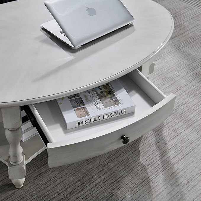 Solid Wood Oval Coffee Table with Drawer and Storage Shelf, 44.9" Traditional Retro Center Table Polished Edging Cocktail Tea Table for Living Room Bedroom Home, Antique White