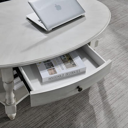 Solid Wood Oval Coffee Table with Drawer and Storage Shelf, 44.9" Traditional Retro Center Table Polished Edging Cocktail Tea Table for Living Room Bedroom Home, Antique White