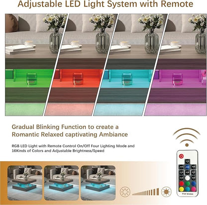 LED Coffee Table for Living Room, Living Room Table 2-Tier Square Middle Center Table, Modern Coffee Tables with Storage, Contemporary Wood Tea Tables for Dining Reception, Grey Wood