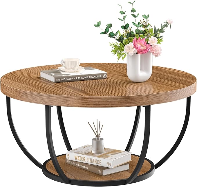 Round Coffee Table, 31" Coffee Table for Living Room Decor, 2-Tier Storage with Steel Frame, Space-Saving Wood Center Table, Modern Style Easy Assembly (Brown)