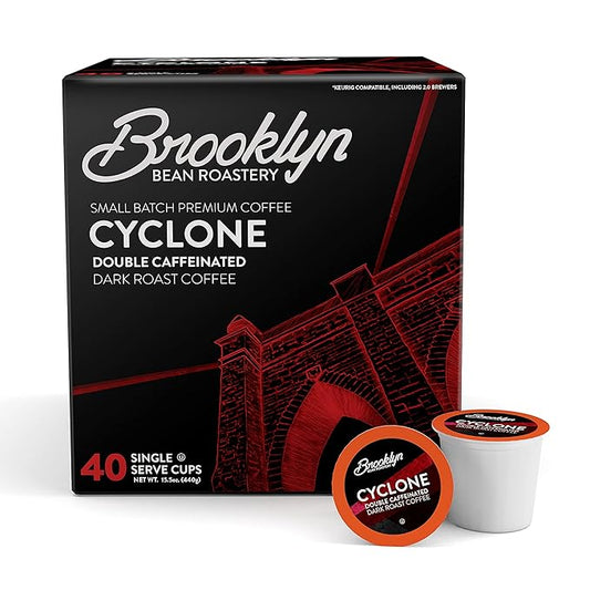 Brooklyn Beans Cyclone Gourmet Coffee Pods - Compatible with Keurig K Cup Brewers Including 2.0 Machines, 40 Count, Strong and Intense Double Caffeine