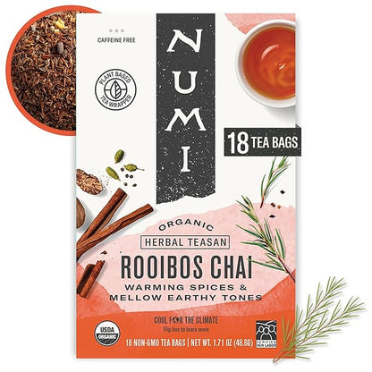 Numi Organic Rooibos Chai Tea, 18 Caffeine Free Herbal Bags, Microplastic Free, Rich Flavor with Cinnamon, Allspice & Ginger