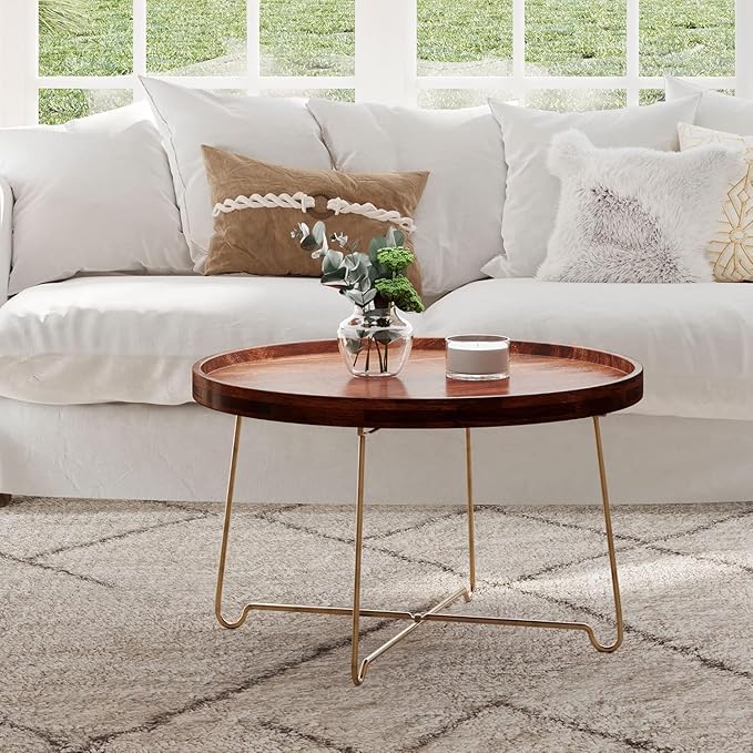East at Main Aria 30" Round Mango Wood Tray Top Coffee Table with Metal Base – Handcrafted Farmhouse Coffee Table for Living Room