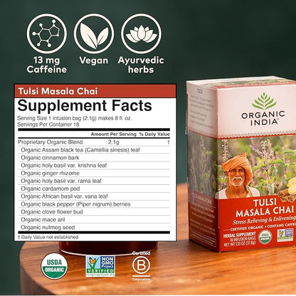 ORGANIC INDIA Tulsi Masala Chai Tea Bags - Holy Basil, Black Tea, Spices with Ginger, Stress Relieving, Immune Support, USDA Certified Organic, Antioxidant, Caffeinated - 18 Infusion Bags, 3 Pack