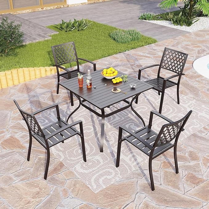 PHI VILLA Outdoor Dining Chairs Set of 2, Stackable Black Metal Wrought Iron Chairs, All Weather Dining Furniture for Patio, Deck, Proch, Backyard