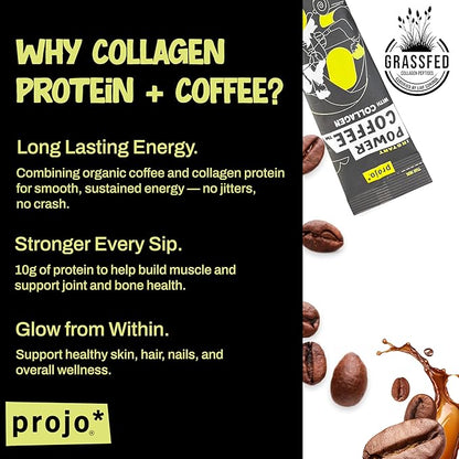 Projo* Power Coffee – Instant Coffee with 10g Protein - Grass-Fed Hydrolyzed Bovine Collagen & 225mg Caffeine – Organic, Unsweetened, Medium Roast – Bold Black – 12 Single-Serve Packets