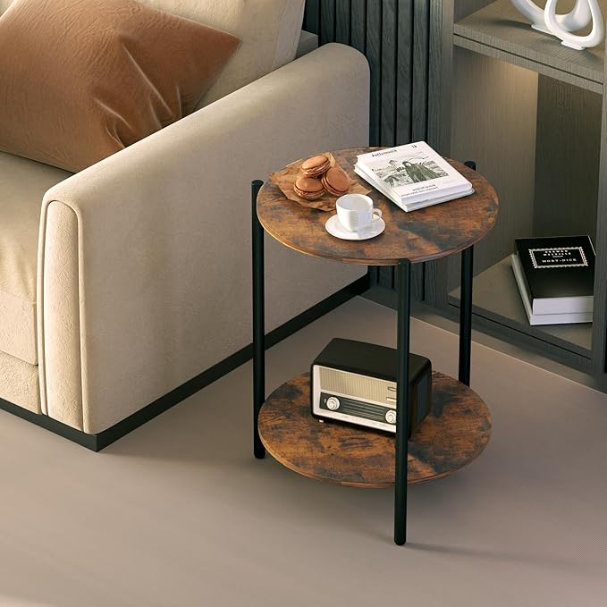 Round Side Table, 2-Tier Circle End Tables with Storage Wood Rustic 15.75" Small End Tables Farmhouse Side Table for Living Room Bedroom Balcony Small Spaces - Walnut