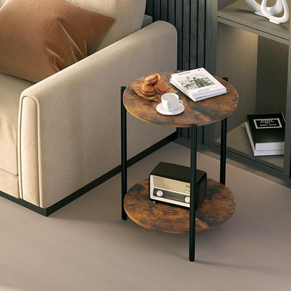 Round Side Table, 2-Tier Circle End Tables with Storage Wood Rustic 15.75" Small End Tables Farmhouse Side Table for Living Room Bedroom Balcony Small Spaces - Walnut