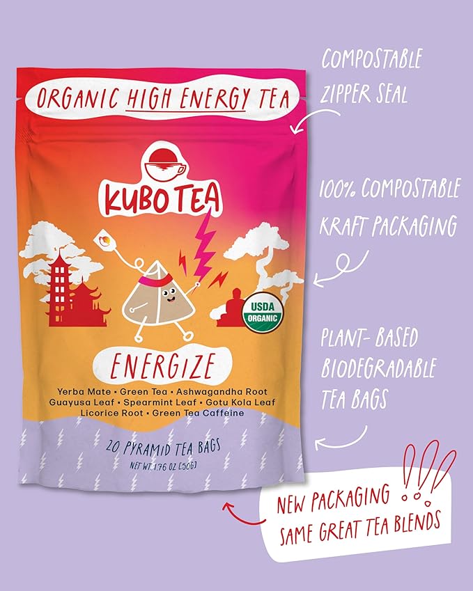 High Caffeine Tea (140 mg) - Kubo Tea: Organic Energize Yerba Mate Green Tea Bags for Clean Energy & Focus | Healthy Coffee Substitute | Ashwagandha Root Blend | 20 Ct | Compostable Packaging