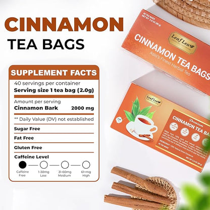 LeafLea Cinnamon Tea Bags, 80 Count (2-Pack), 100% Natural Ground Cinnamon Stick Herbal Tea, Spiced and Warming Flavor for Relaxation, Caffeine-Free, Sugar-Free, Vegan