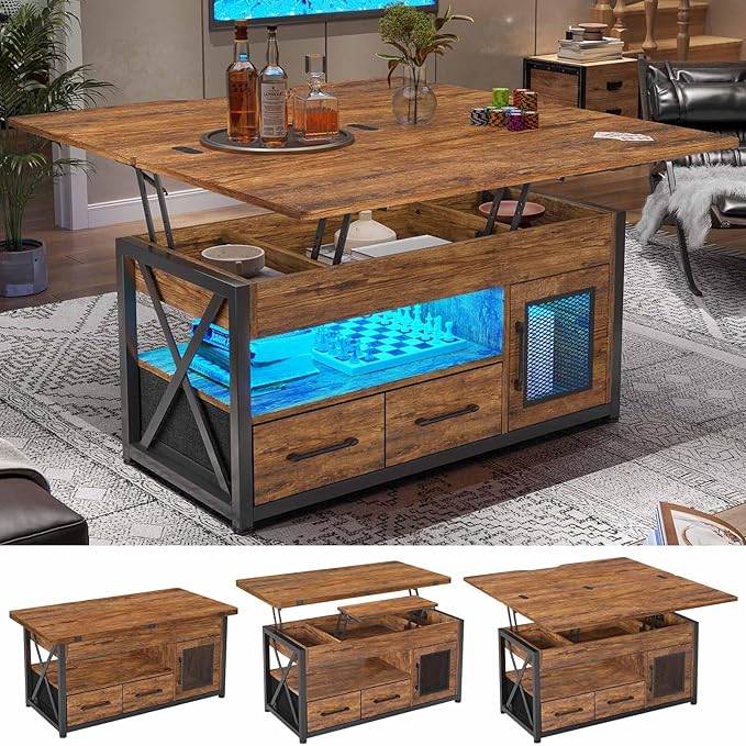 Itaar 40" Lift Top Coffee Table, 4 in 1 Coffee Tables with Storage Cabinet for Living Room, Small Farmhouse Coffee Table with 2 Fabric Drawers & LED Light for Dining Room, Rustic Brown