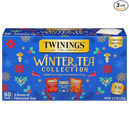 Twinings Winter Tea Collection, Limited Edition Holiday Gift Box, 20 Count (Pack of 3), Includes Christmas Tea, Winter Spice, and Gingerbread Joy, Enjoy Hot or Iced, 60 Teabags