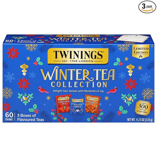 Twinings Winter Tea Collection, Limited Edition Holiday Gift Box, 20 Count (Pack of 3), Includes Christmas Tea, Winter Spice, and Gingerbread Joy, Enjoy Hot or Iced, 60 Teabags