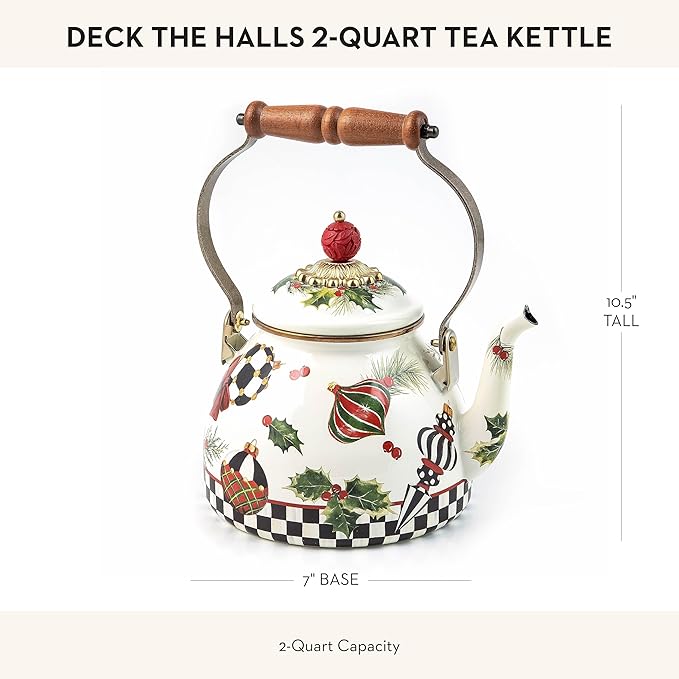 MACKENZIE-CHILDS Deck the Halls 2-Quart Enamel Tea Kettle, Christmas Tea Kettle for Stovetop