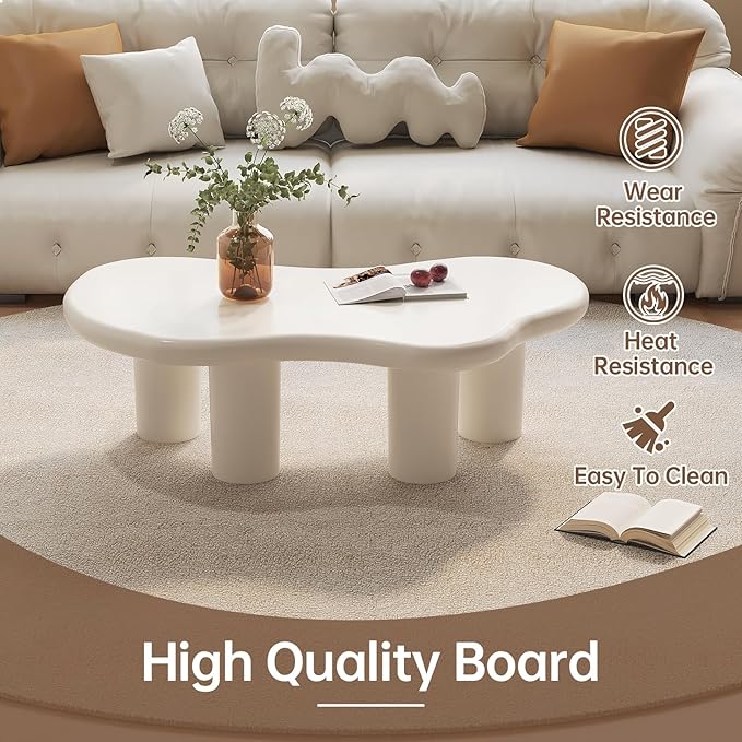 Cloud Coffee Table, Irregular Cream White Coffee Table with 4 Legs, Modern Center Table for Living Room, Indoor Tea Table, Easy Assembly