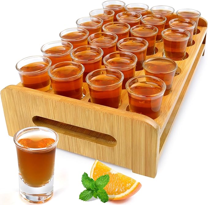 Shot Glasses Set of 24 Large Shot Glasses and Holder 1oz/30ml Shot Glass Tray Stand Thick Base for Party Club Bar Home Tools Restaurant Kitchen Barware Glassware Drinking Spirit Tasting Gifts