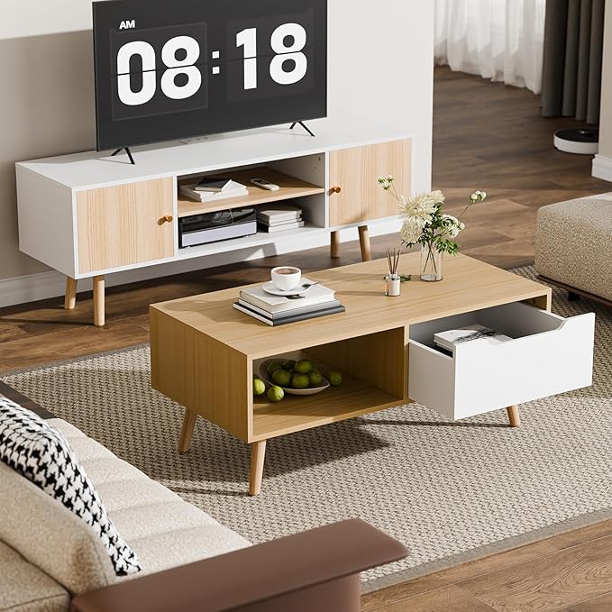 Cozy Castle Modern Wooden Coffee Table with Storage, Minimalist Hallway Mid Century Cocktail Table for Living Room Apartment Reception, Oak