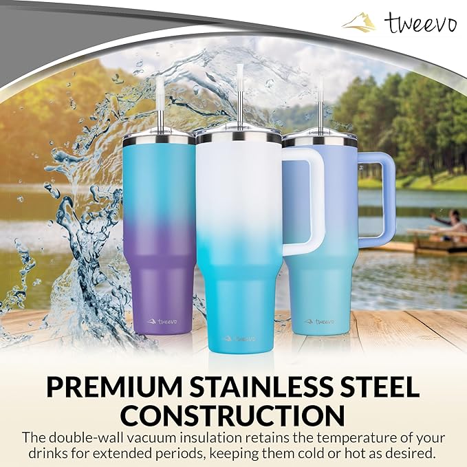 40 oz Tumbler With Handle and Straw Made of Stainless Steel - Double Wall Vacuum Insulated Tumbler With Lid - Sweat Proof Easy Grip, BPA-Free, Dishwasher Safe Tumbler (Misty Blue)