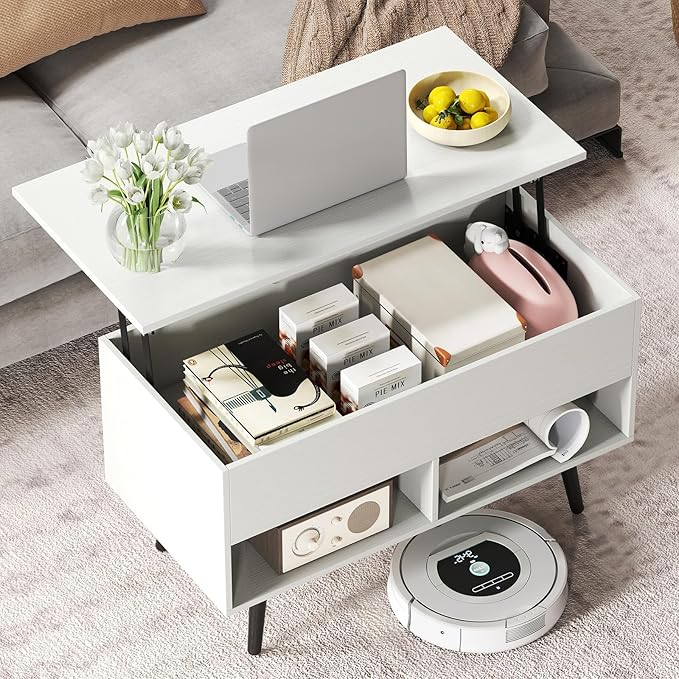 Tangkula Lift Top Coffee Table, Modern Cocktail Table with Hidden Compartment & 2 Open Shelves, Flip Top Center Table, Wooden Pull up Coffee Table for Living Room, Reception Room, Office (White)