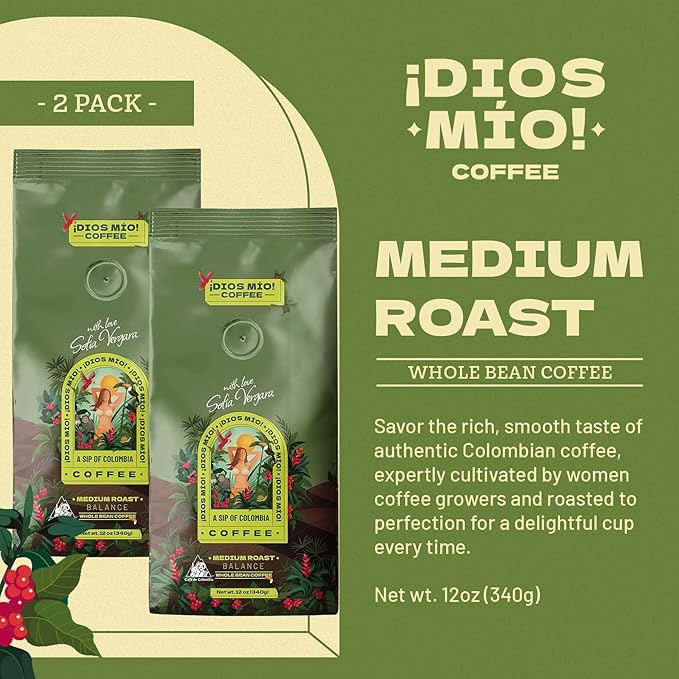 Dios Mio Coffee by Sofia Vergara, Medium Roast, Whole Bean Premium Colombian Coffee, 12 Ounce Bag (Pack of 2)