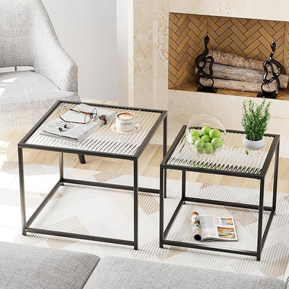 VILAWLENCE Coffee Table Set of 2, Modern Black Glass Side Table, Metal Frame Square End Table, Center Tables, Nesting Coffee Table for Living Room, Bedroom and Small Spaces, 23.6 in