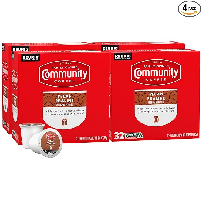 Community Coffee Pecan Praline Flavored, Medium-Dark Roast, Single-Serve Keurig K-Cup Pods, 32 Count (Pack of 4)