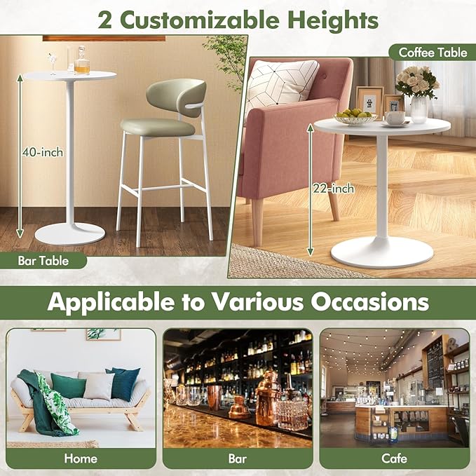 COSTWAY Round Bistro Table, Height Adjustable Bar Height Cocktail Table, High Top Pub Table Snack Table with Heavy-Duty Metal Base for Home Bar, Dining Room, Restaurant, White