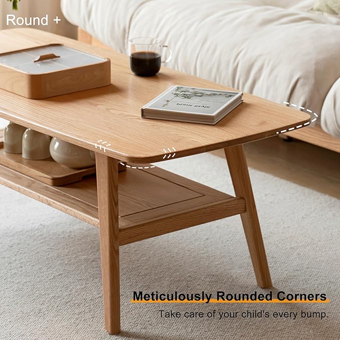 Modern Solid Wood Coffee Table, 2-Tier Small Wooden Coffee Table with Storage Shelf for Living Room, Apartment, Office, Natural (32''D x 20''W x 18''H)