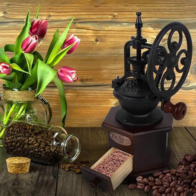 Coffee Grinder,Wooden Coffee Bean Grinder Manual Coffee Grinder Roller, Antique Coffee Mill with Cast Iron Hand Crank for Making Mesh Coffee, Decoration, Best Gift (Brown (six deformation base))