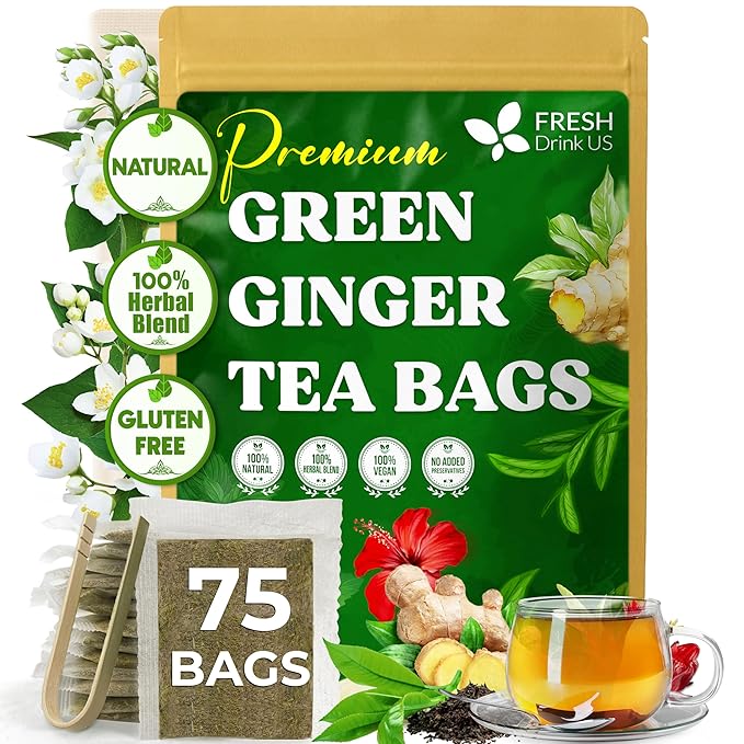 FreshDrinkUS, Premium Green Ginger Tea | 75 Tea Bags | Sencha Green Tea with Ginger, Lemongrass, Turmeric, Hibiscus & Peppermint | Natural Herbal Blend | Comfort & Refreshing, Vegan
