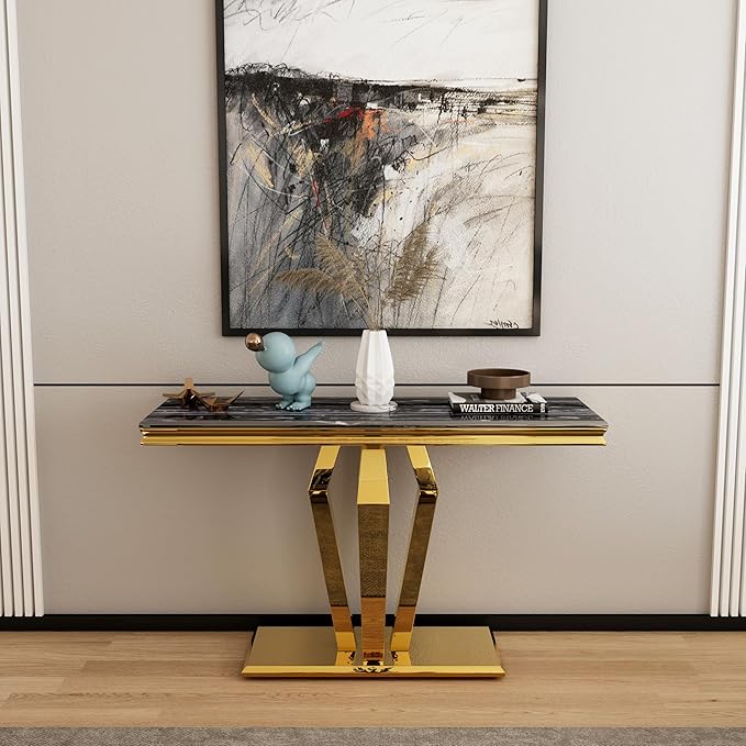 3 Piece Living Room Table Set of 3, Luxury Black and Gold Coffee Table Set with Console Table and End Table for Home Office 1Coffee+1Console+1End