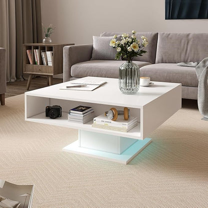 White 30.7" Lift Top Coffee Table with Storage, Square Led Coffee Table with Large Hidden Storage, Wood Living Room Table Led Center Table for Dining Reception Room