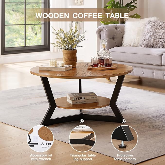 Round Wood Coffee Table for Living Room, 2-Tier Rustic Circle Table with Storage, Solid Natural Top with Metal Legs, Radial Pattern 35'x 17'