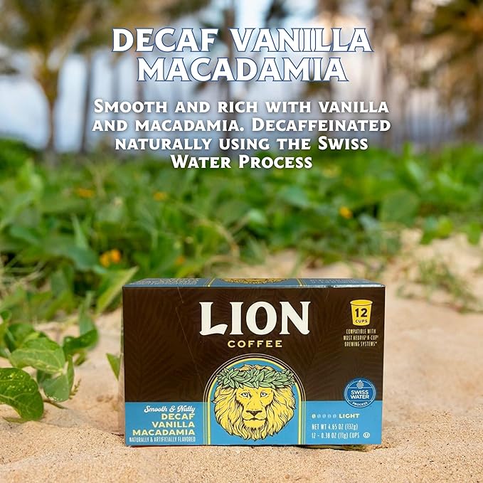 Lion Coffee Swiss Water DECAF Vanilla Macadamia Medium Roast Coffee Pods - Single-Serve Pods - Hawaiian Inspired Flavor - Arabica Coffee - Compatible with Single - Serve Brewing Systems - 12 Count Box