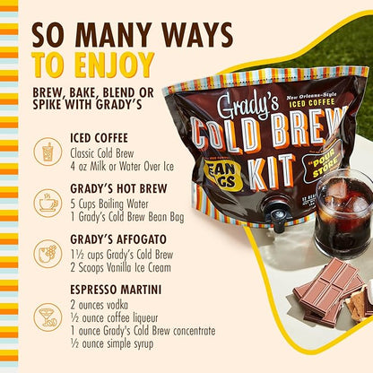GRADY’S COLD BREW, New Orleans Style, 100% Arabica Ground Coffee & Chicory Pouches, All-in-One Cold Brew Kit with 12 Easy-to-Brew Beans Bags, Makes 36 drinks